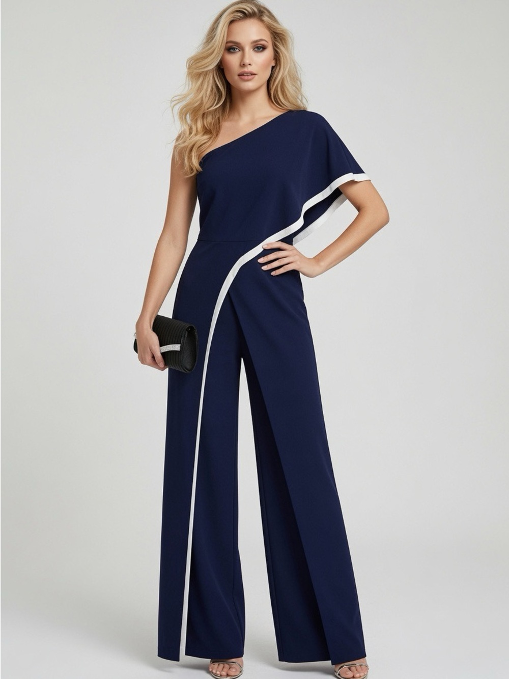 Grace Karin Navy One-Shoulder Jumpsuit with White Trim